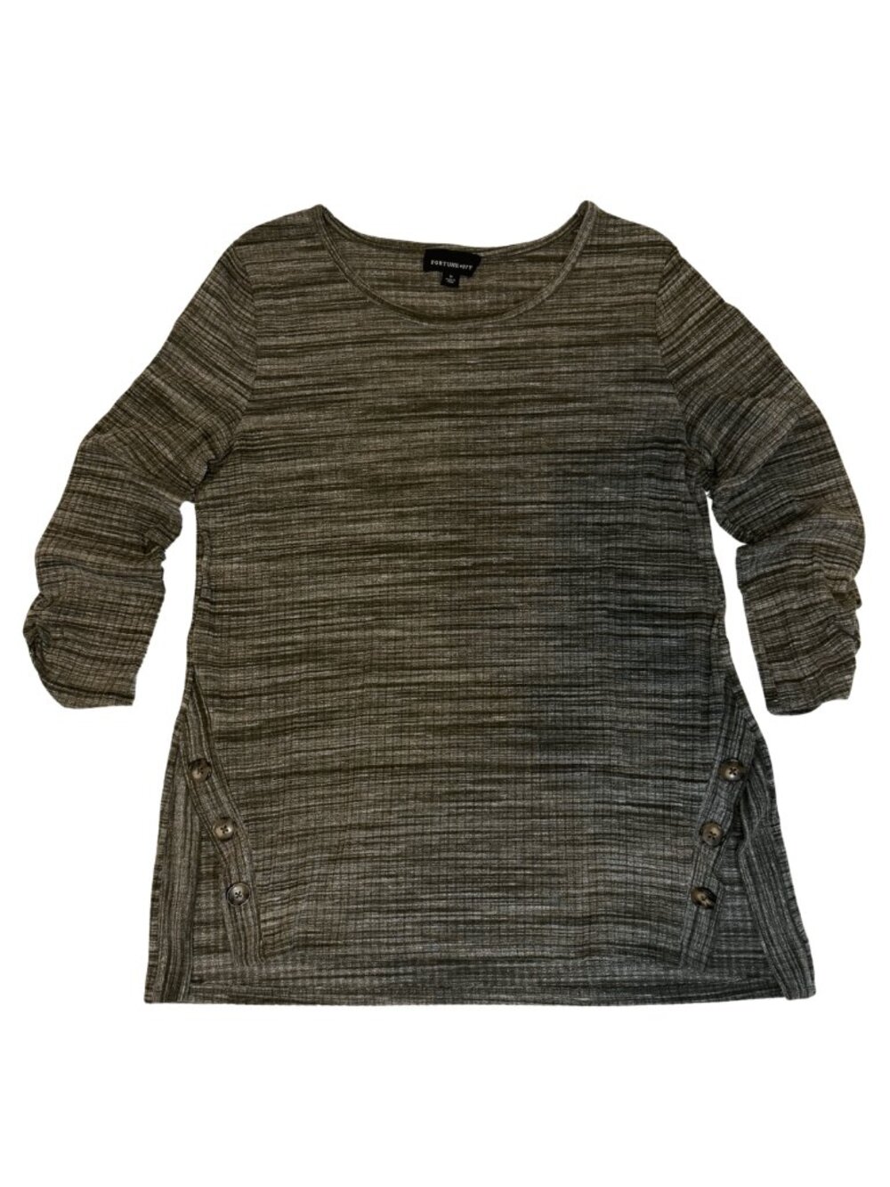 Gray Striped 3/4 Sleeve Knit Top with Brown Buttons | Fortune + Ivy | Medium
